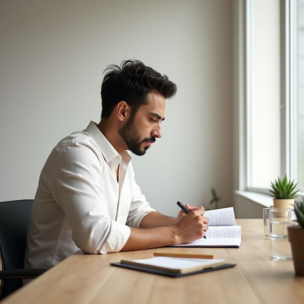 Founder at minimal desk reviewing handwritten audit notes in a quiet, organized workspace with natural window light