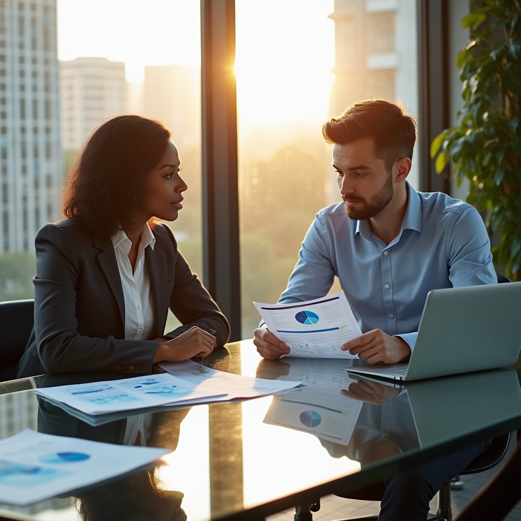 Two professionals reviewing documents and dashboards together in a modern conference room, late afternoon light