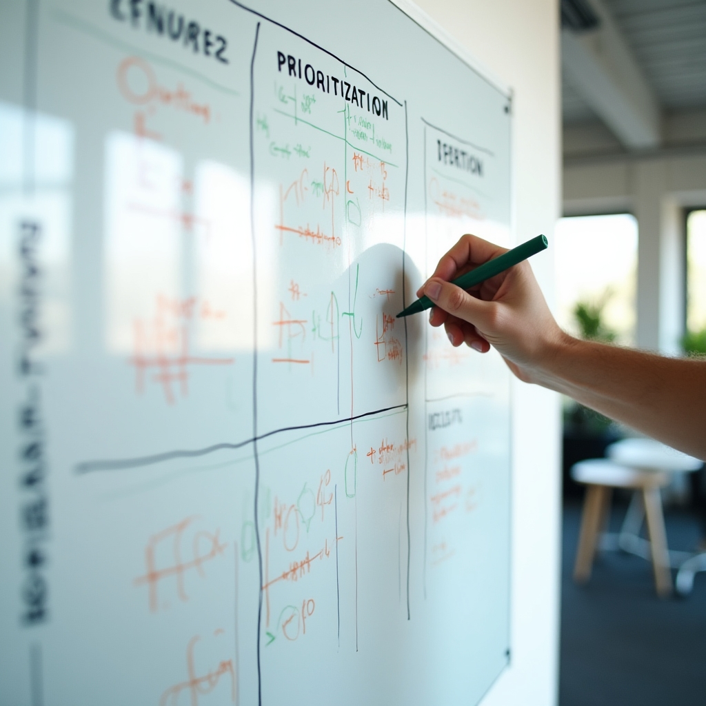 Close-up of a whiteboard with prioritization matrix and friction points marked with different colored markers