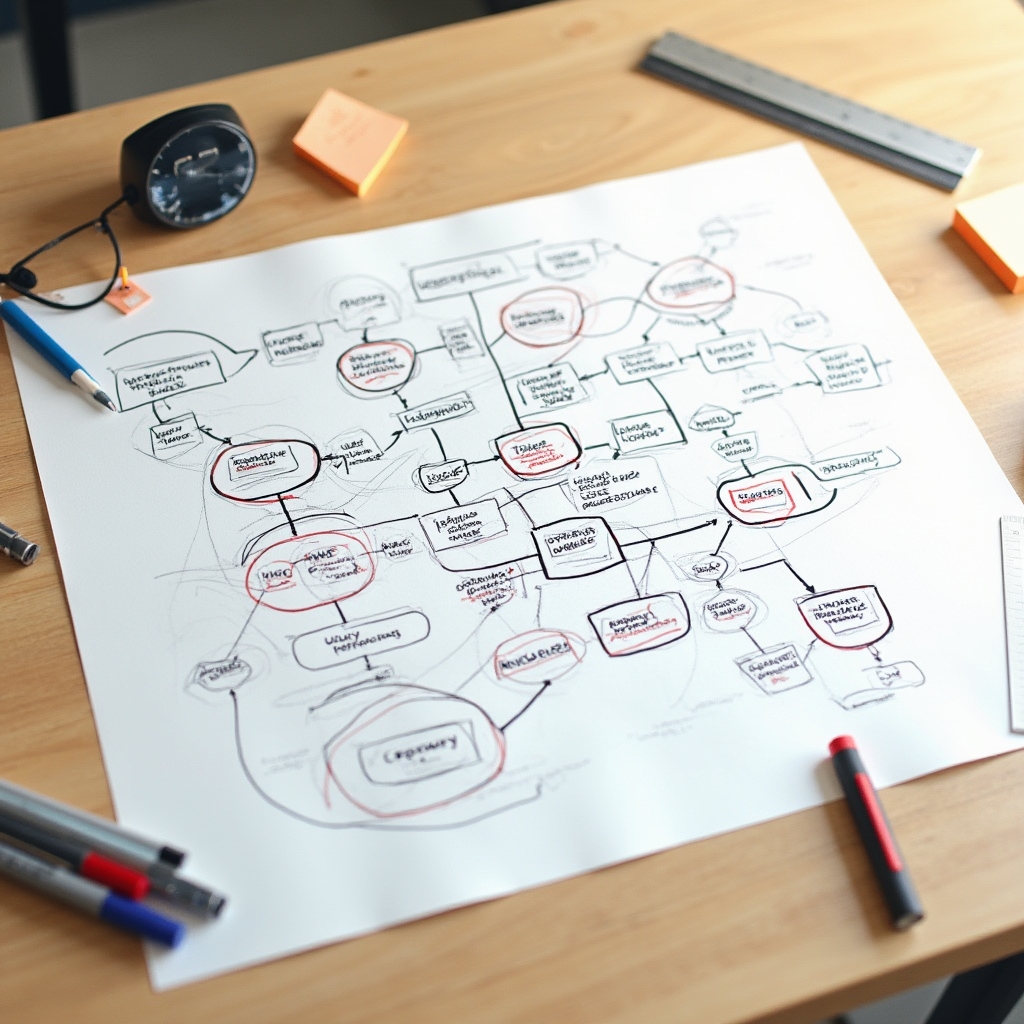 Abstract map of a workflow system with nodes and connections, drawn on a large format paper with colored markers