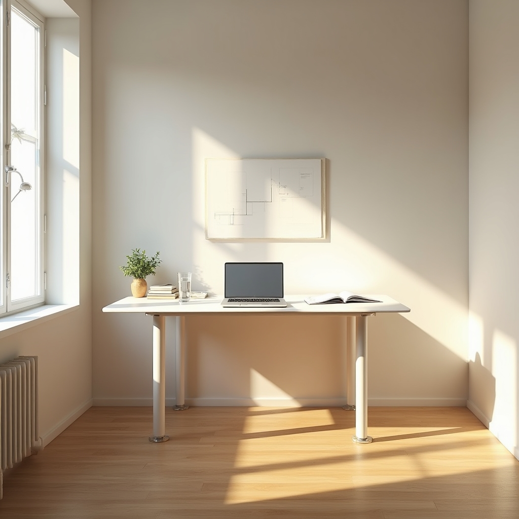 Minimal Wuwehu office interior with clean desk, natural light, and simple organized workspace showing calm working environment